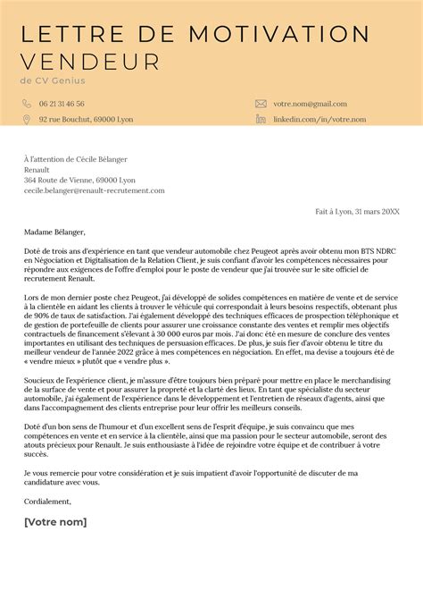 Lettre de Motivation Vendeuse / Vendeur (Exemple .